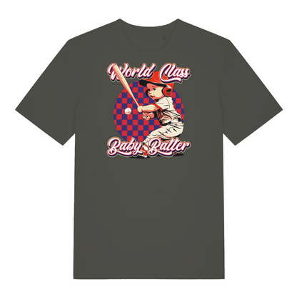 khaki funny offensive t-shirt with the graphic of a baby dressed as a baseball player and the slogan 'world class baby batter'