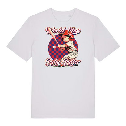 white funny offensive t-shirt with the graphic of a baby dressed as a baseball player and the slogan 'world class baby batter'