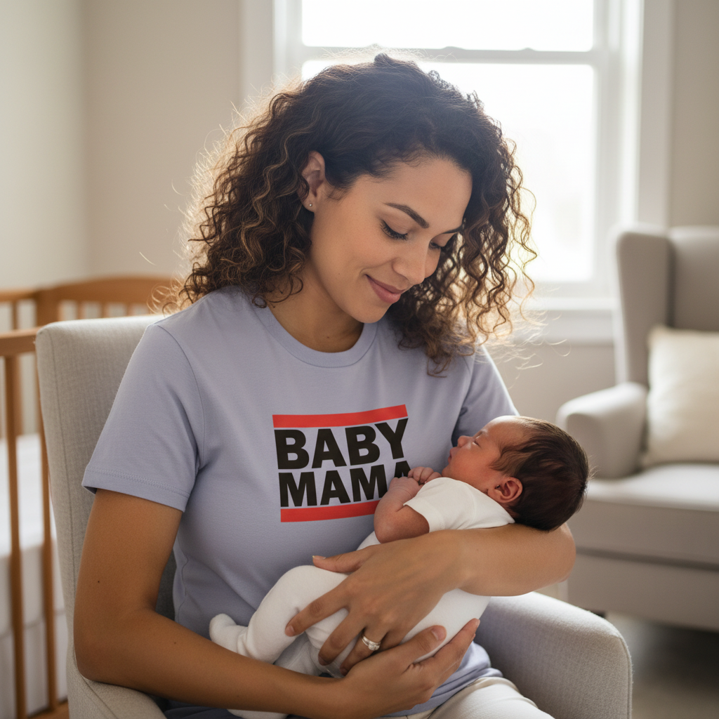 Woman holding a baby while wearing a shirt with 'BABY MAMA' text in a home setting.