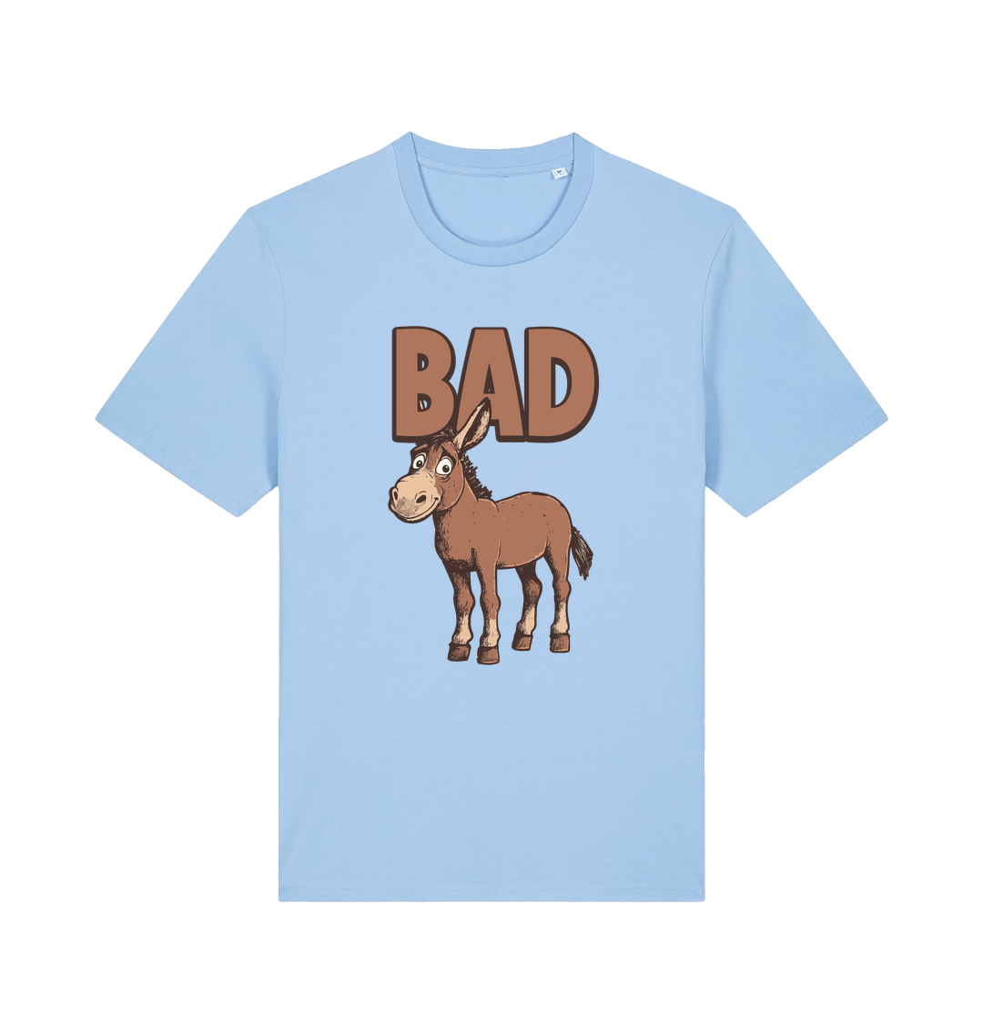 Light blue graphic t-shirt with a cartoon donkey and the word 'bad'