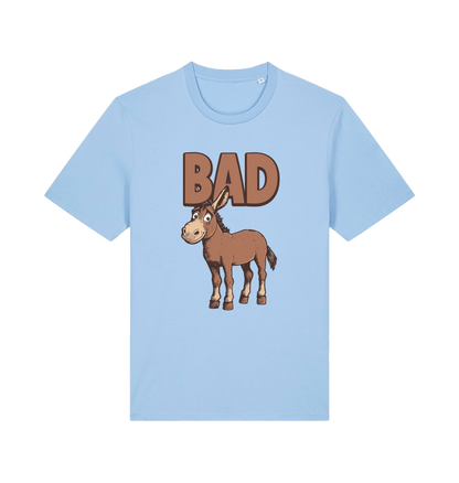 Light blue graphic t-shirt with a cartoon donkey and the word 'bad'