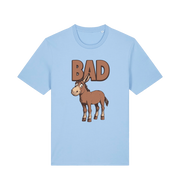 Light blue graphic t-shirt with a cartoon donkey and the word 'bad'