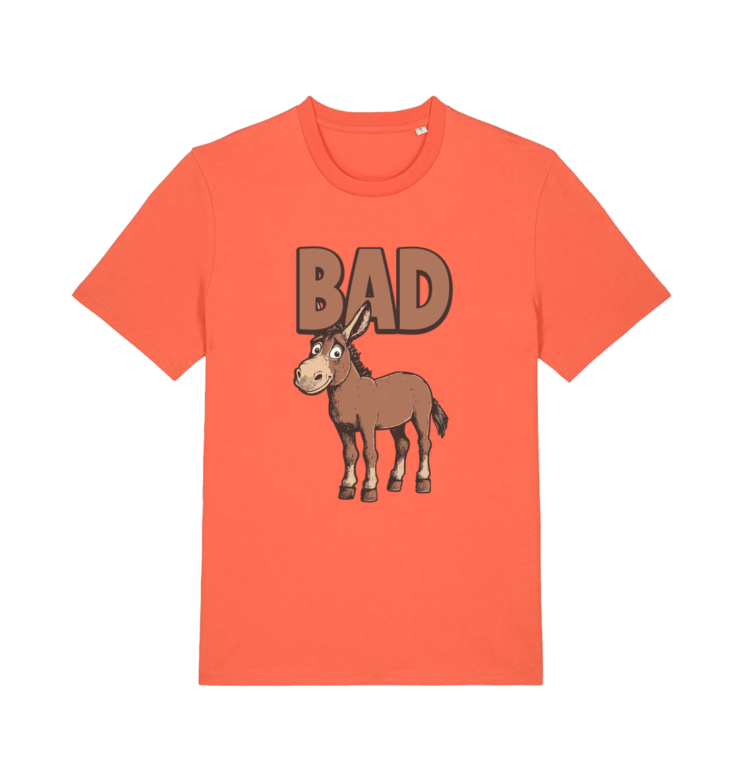Orange graphic t-shirt with a cartoon donkey and the word 'bad'