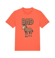 Orange graphic t-shirt with a cartoon donkey and the word 'bad'