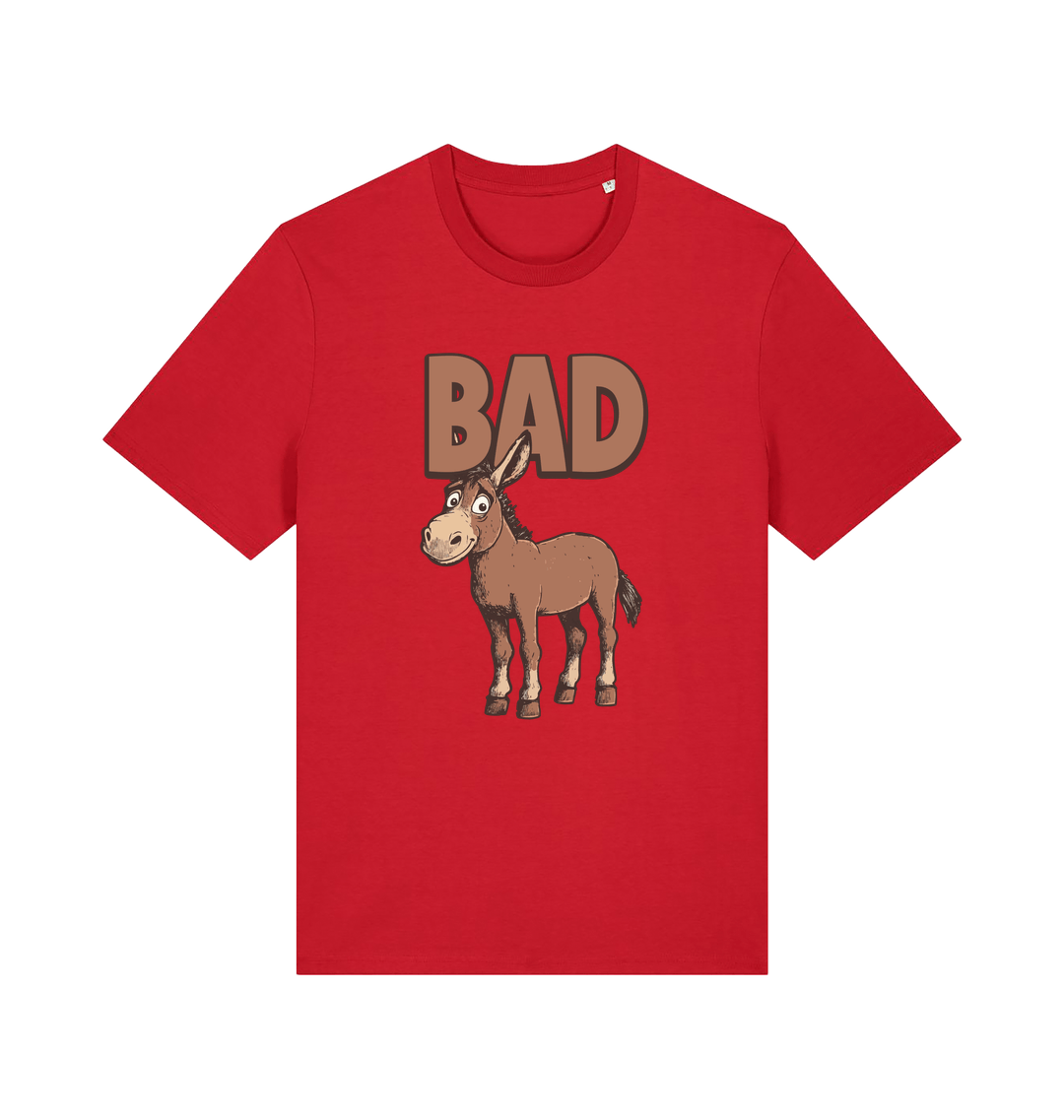 Red graphic t-shirt with a cartoon donkey and the word 'bad'