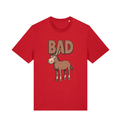Red graphic t-shirt with a cartoon donkey and the word 'bad'