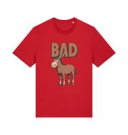 Red graphic t-shirt with a cartoon donkey and the word 'bad'