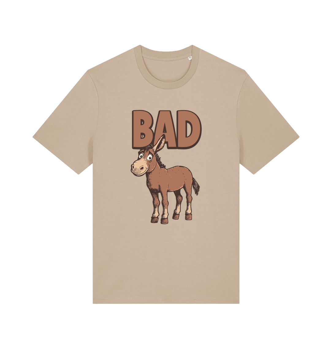 Beige graphic t-shirt with a cartoon donkey and the word 'bad'