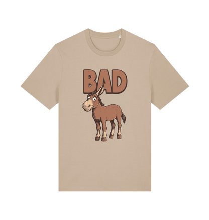 Beige graphic t-shirt with a cartoon donkey and the word 'bad'