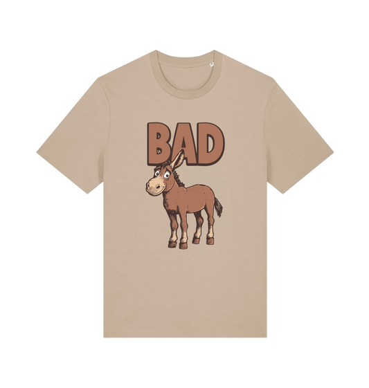 Beige graphic t-shirt with a cartoon donkey and the word 'bad'