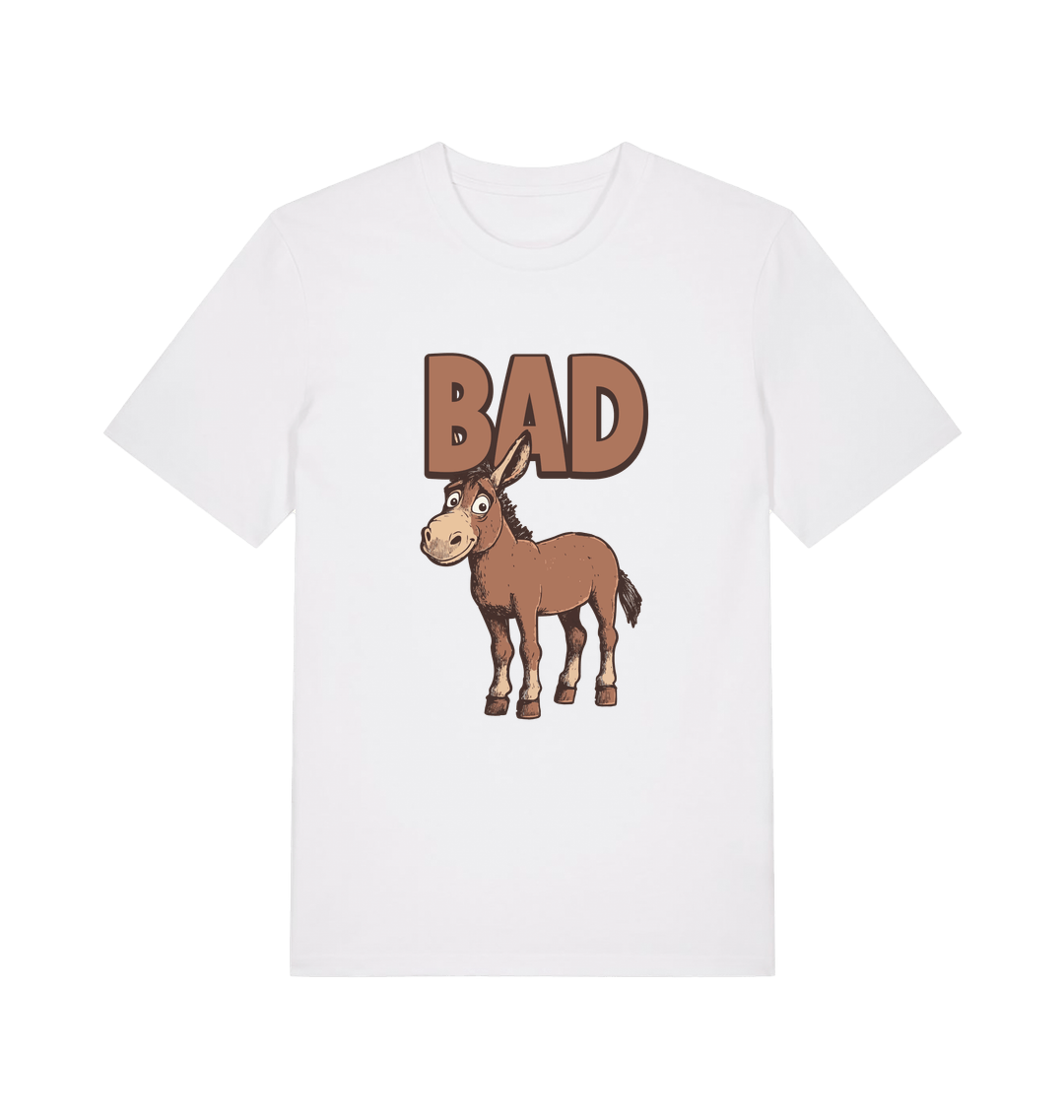White graphic t-shirt with a cartoon donkey and the word 'bad'