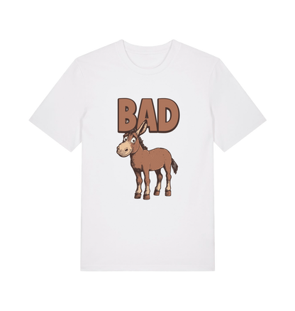 White graphic t-shirt with a cartoon donkey and the word 'bad'