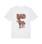 White graphic t-shirt with a cartoon donkey and the word 'bad'
