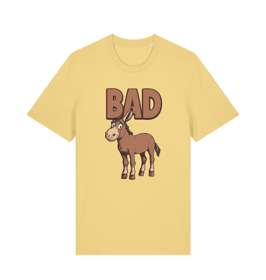 Yellow graphic t-shirt with a cartoon donkey and the word 'bad'