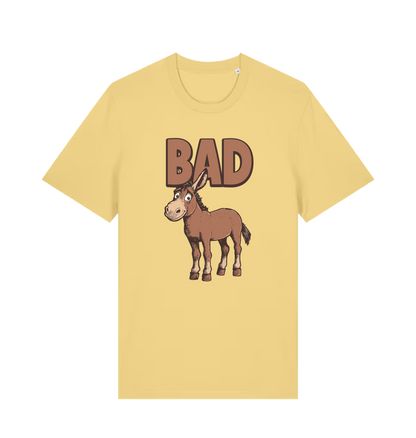 Yellow graphic t-shirt with a cartoon donkey and the word 'bad'
