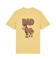 Yellow graphic t-shirt with a cartoon donkey and the word 'bad'