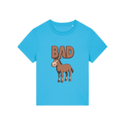 blue funny animal t-shirt with the graphic of a donkey and the word 'bad'
