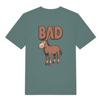 green women's funny animal t-shirt with the graphic of a donkey and the word 'bad'
