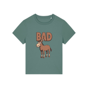 green funny animal t-shirt with the graphic of a donkey and the word 'bad'