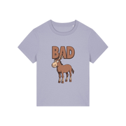 lavender funny animal t-shirt with the graphic of a donkey and the word 'bad'