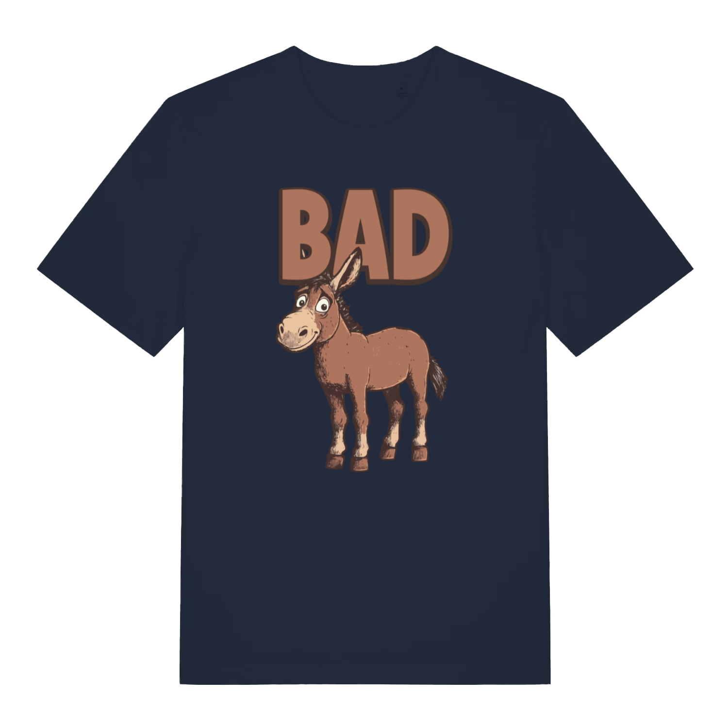 navy women's funny animal t-shirt with the graphic of a donkey and the word 'bad'