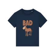 navy funny animal t-shirt with the graphic of a donkey and the word 'bad'