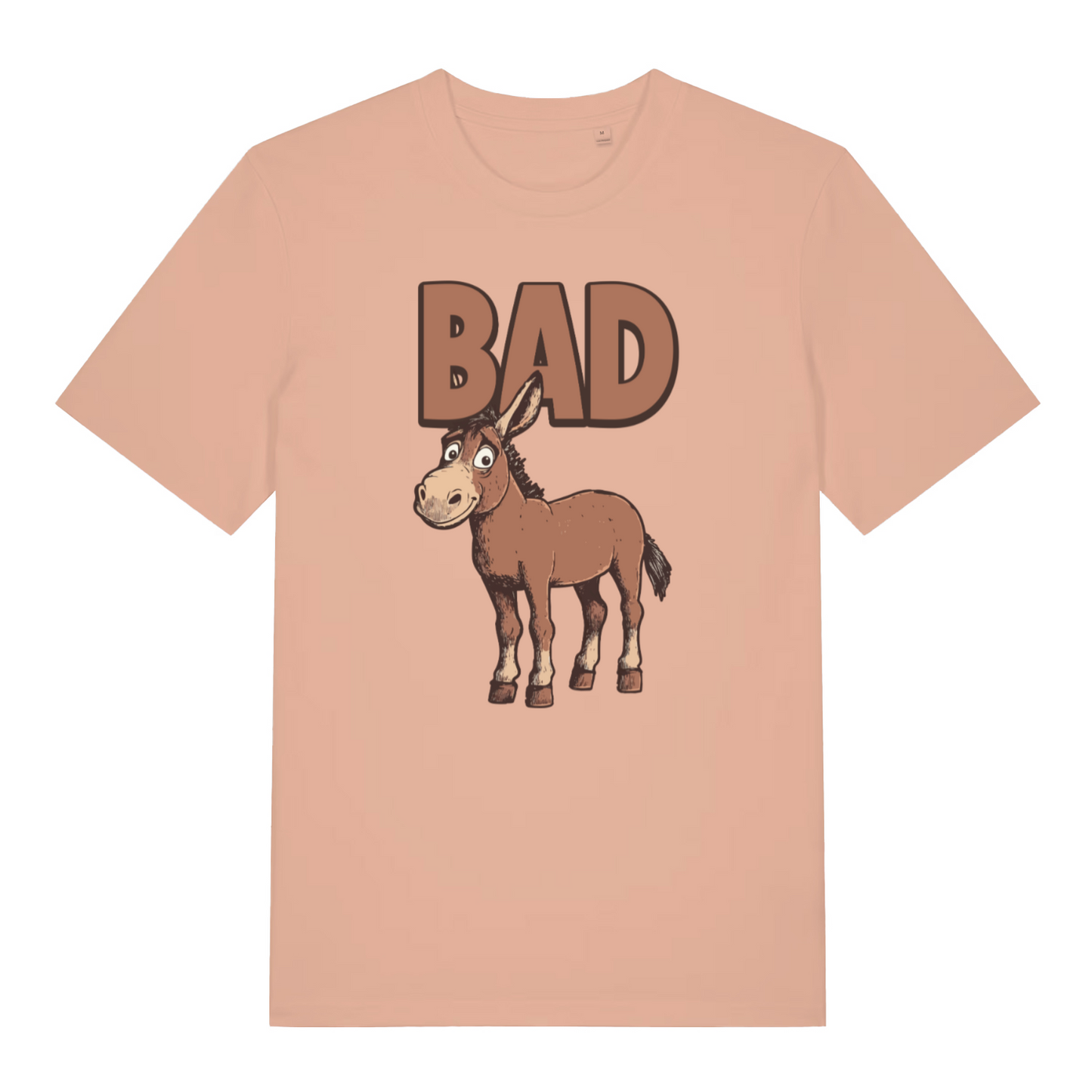 peach women's funny animal t-shirt with the graphic of a donkey and the word 'bad'