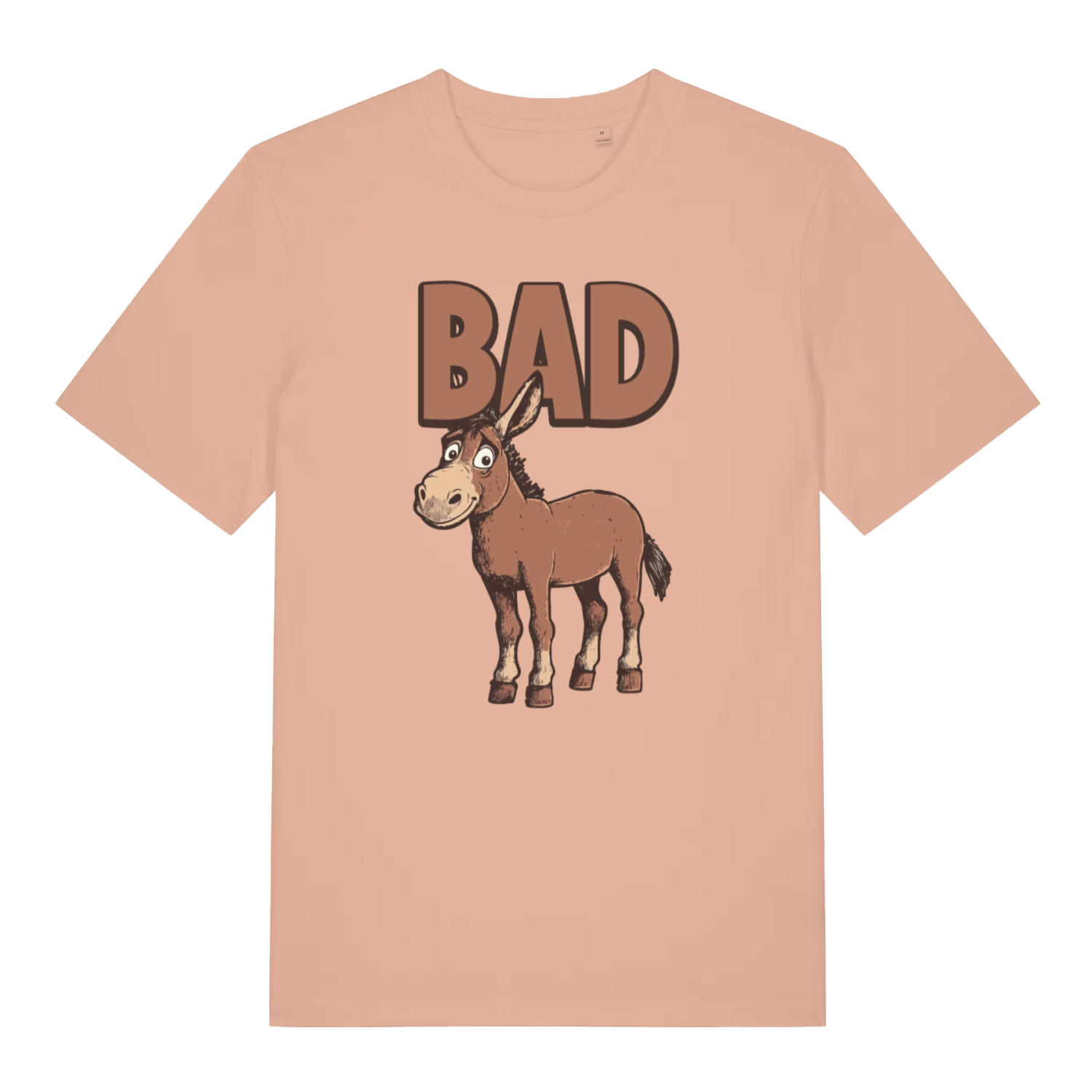 peach women's funny animal t-shirt with the graphic of a donkey and the word 'bad'