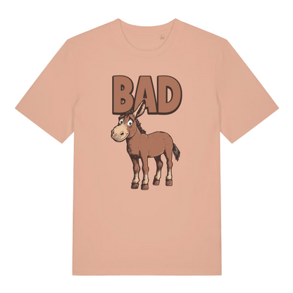peach women's funny animal t-shirt with the graphic of a donkey and the word 'bad'