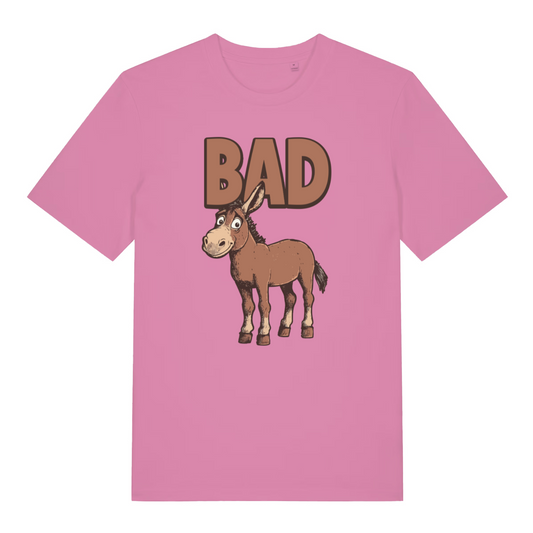 pink women's funny animal t-shirt with the graphic of a donkey and the word 'bad'