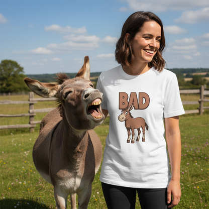 White t-shirt with a cartoon donkey and 'BAD' text on a white background