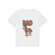 white funny animal t-shirt with the graphic of a donkey and the word 'bad'
