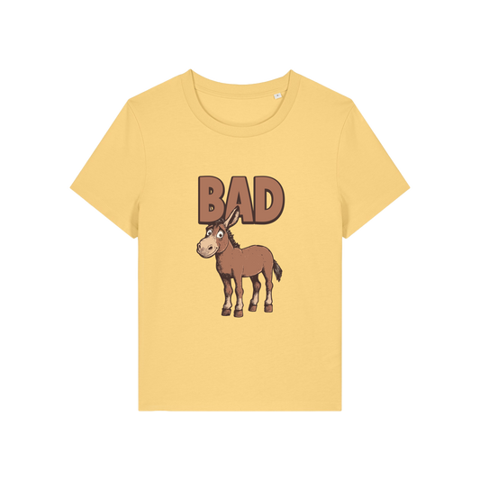 yellow funny animal t-shirt with the graphic of a donkey and the word 'bad'