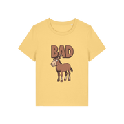 yellow funny animal t-shirt with the graphic of a donkey and the word 'bad'