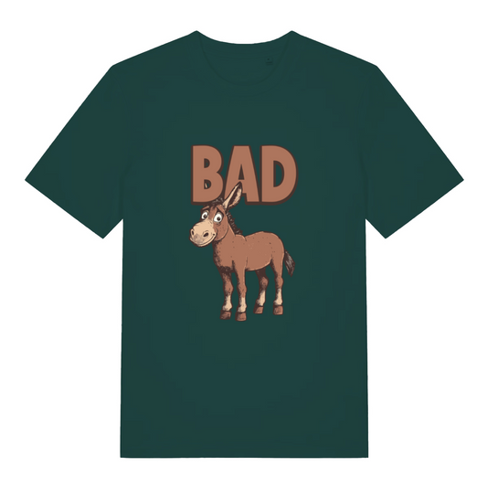 green funny animal t-shirt with the graphic of a donkey and the word 'bad'