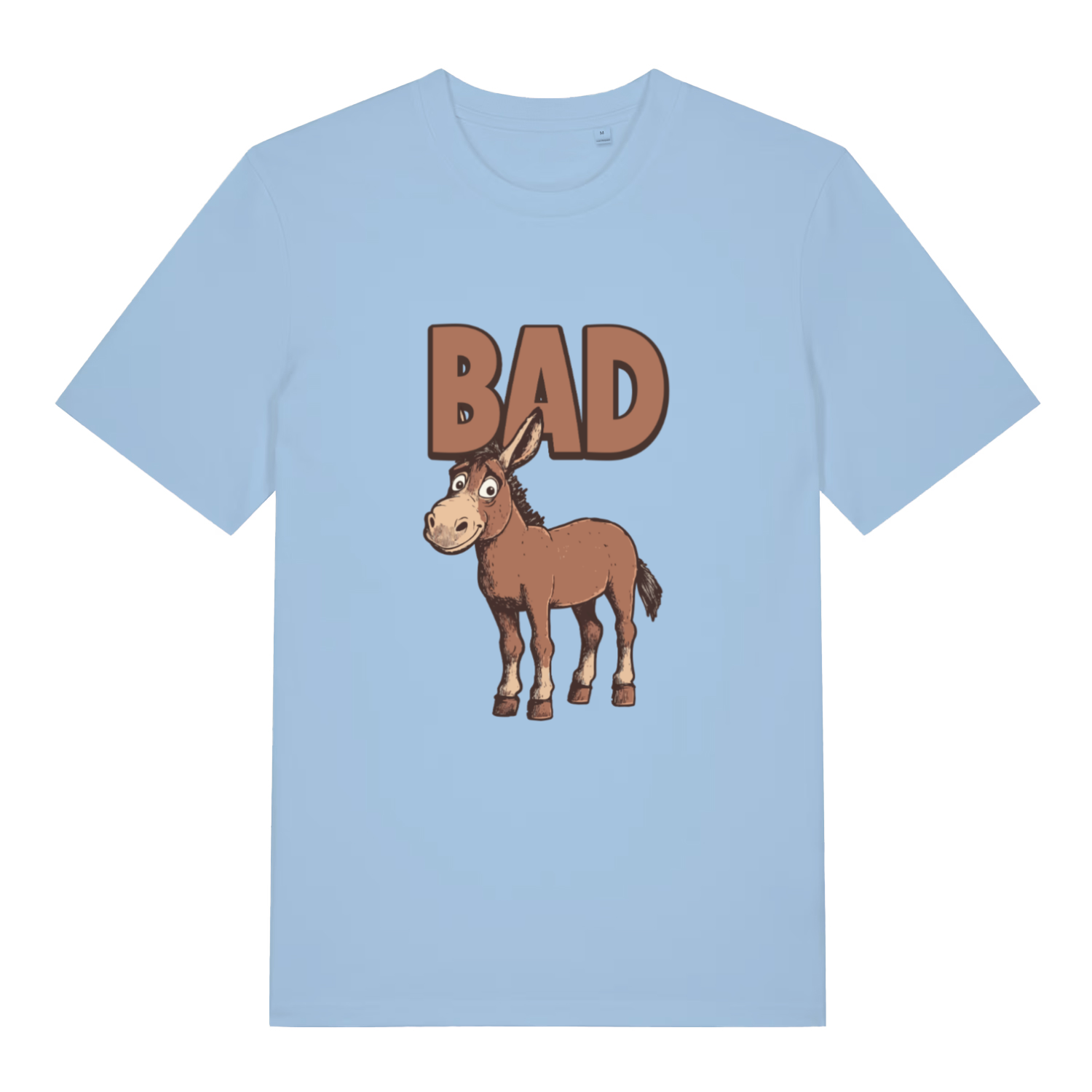 light blue funny animal t-shirt with the graphic of a donkey and the word 'bad'