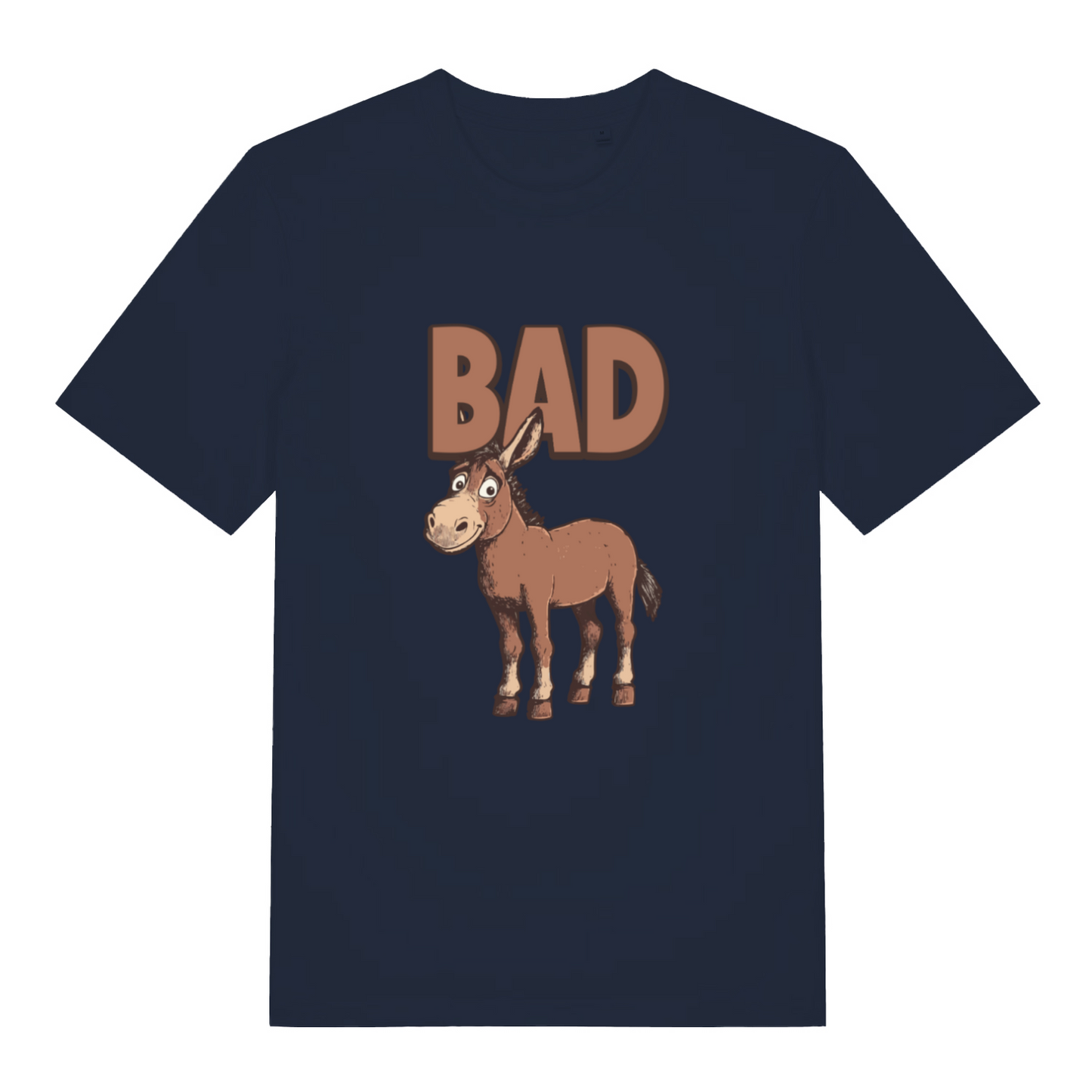 navy funny animal t-shirt with the graphic of a donkey and the word 'bad'