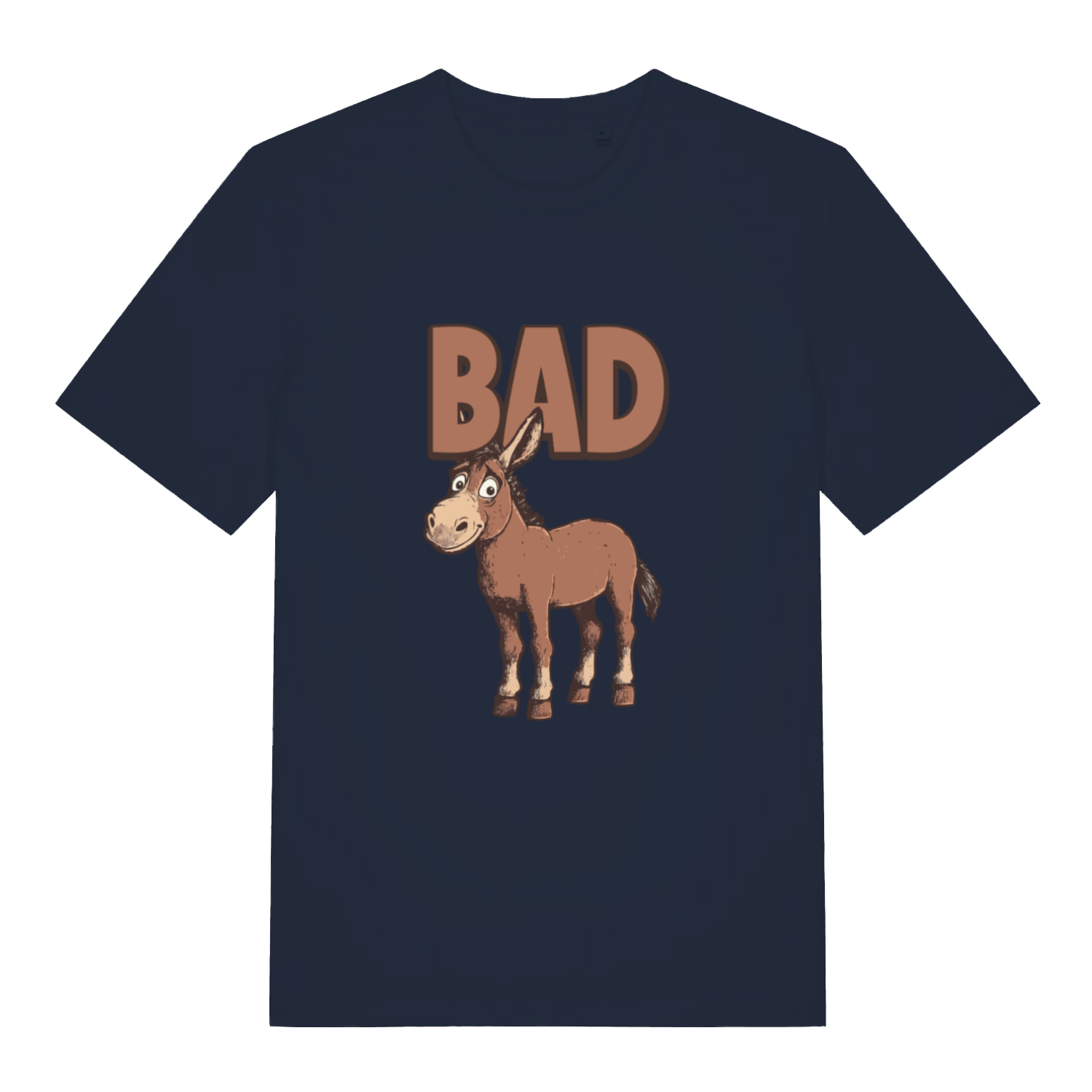 navy funny animal t-shirt with the graphic of a donkey and the word 'bad'