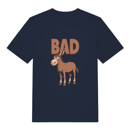 navy funny animal t-shirt with the graphic of a donkey and the word 'bad'
