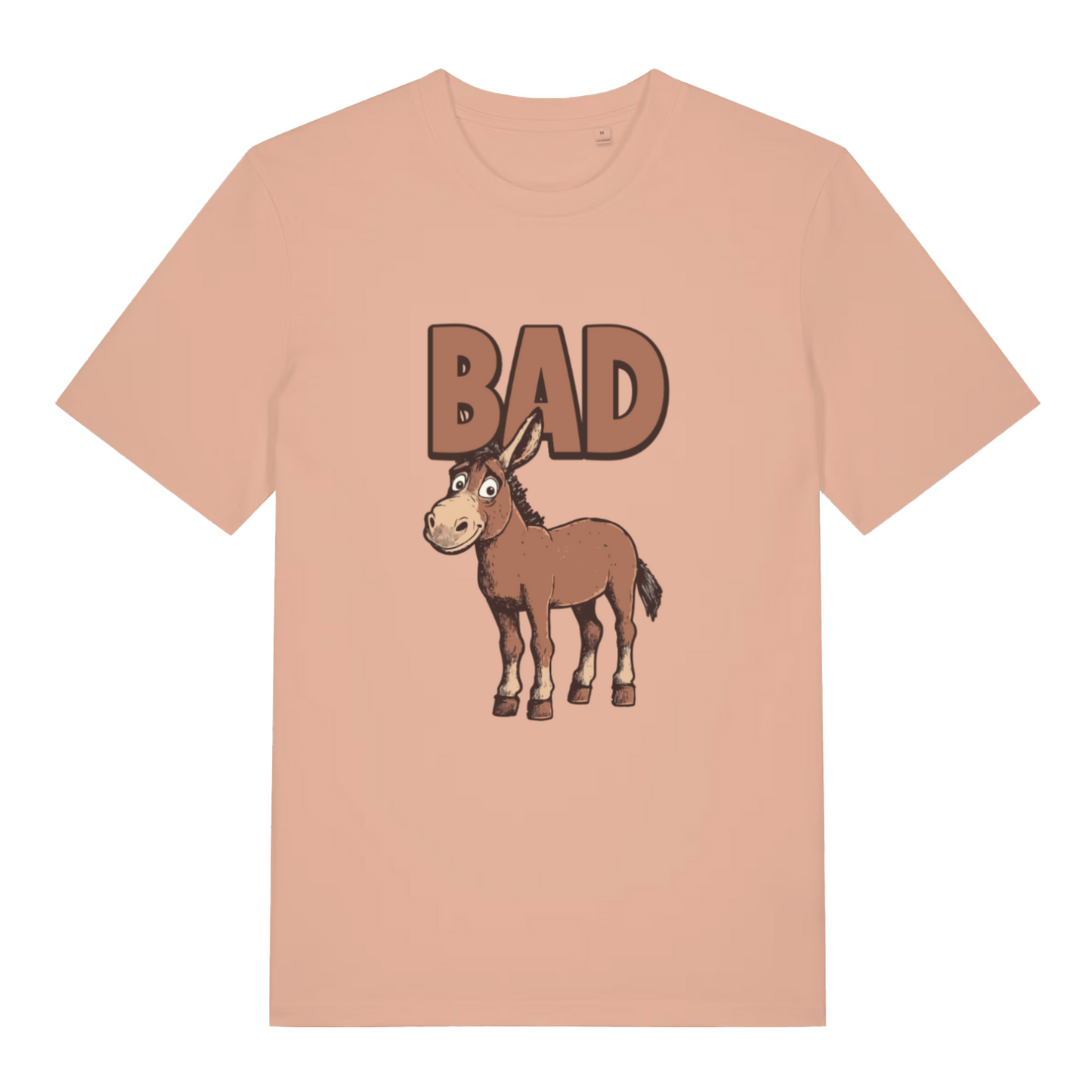 peach funny animal t-shirt with the graphic of a donkey and the word 'bad'