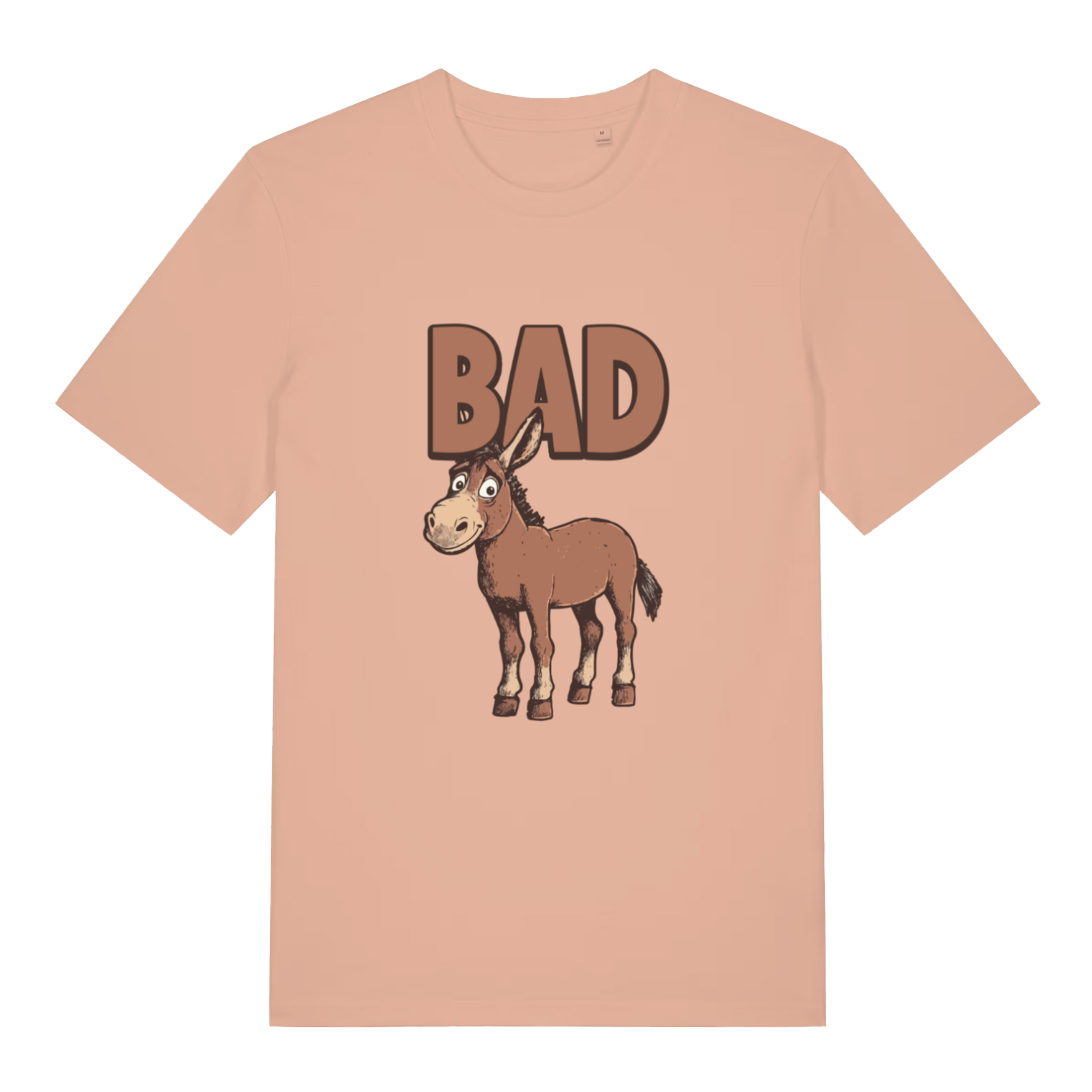 peach funny animal t-shirt with the graphic of a donkey and the word 'bad'
