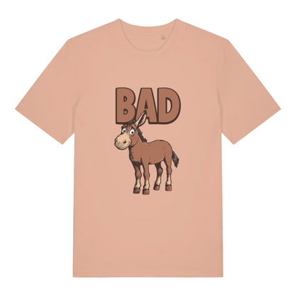 peach funny animal t-shirt with the graphic of a donkey and the word 'bad'