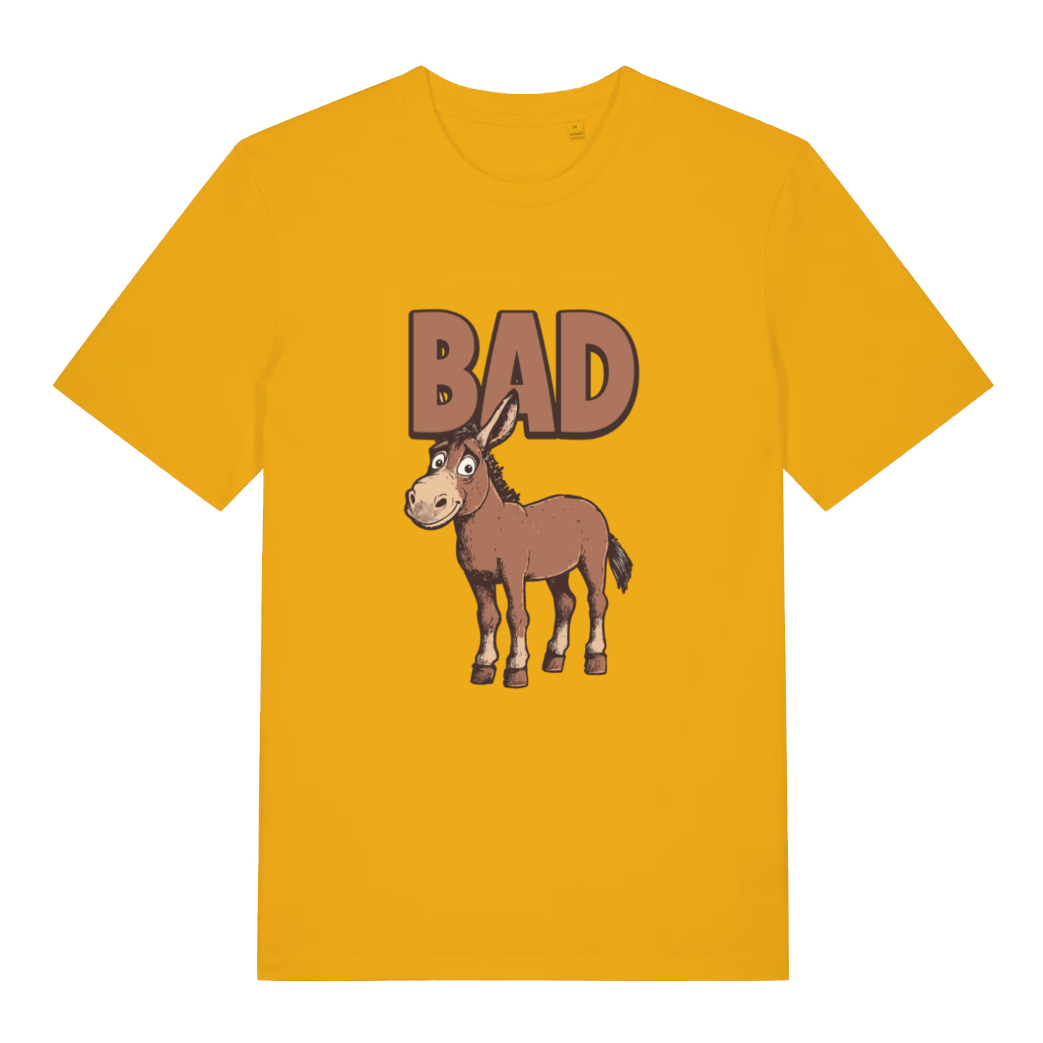 yellow funny animal t-shirt with the graphic of a donkey and the word 'bad'