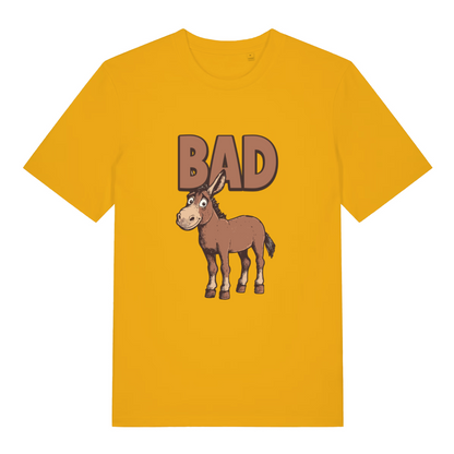yellow funny animal t-shirt with the graphic of a donkey and the word 'bad'