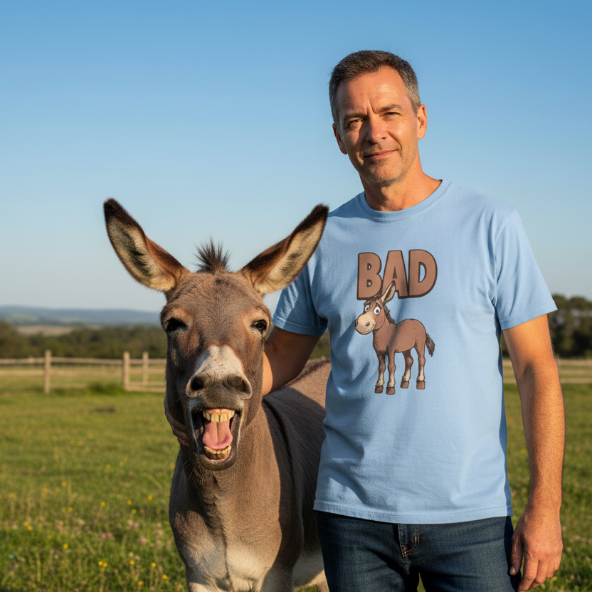 Man wearing a blue t-shirt with a donkey graphic and the word 'BAD' standing next to a donkey in a field.