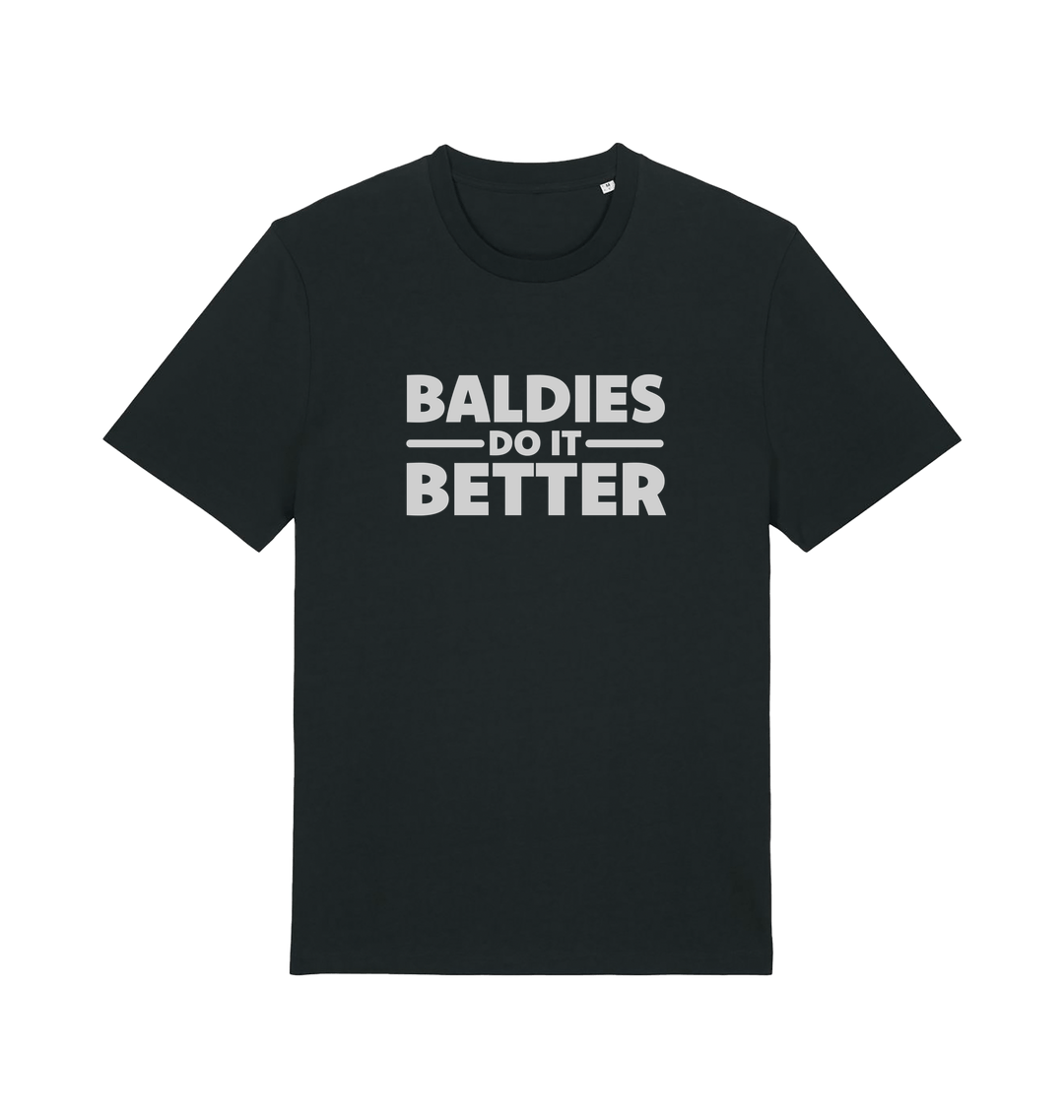 Black slogan t-shirt with 'Baldies Do It Better' text 