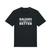 Black slogan t-shirt with 'Baldies Do It Better' text 