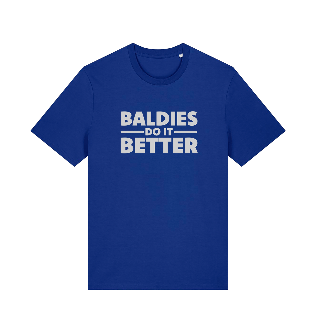 Blue slogan t-shirt with 'Baldies Do It Better' text 