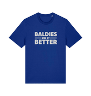 Blue slogan t-shirt with 'Baldies Do It Better' text 