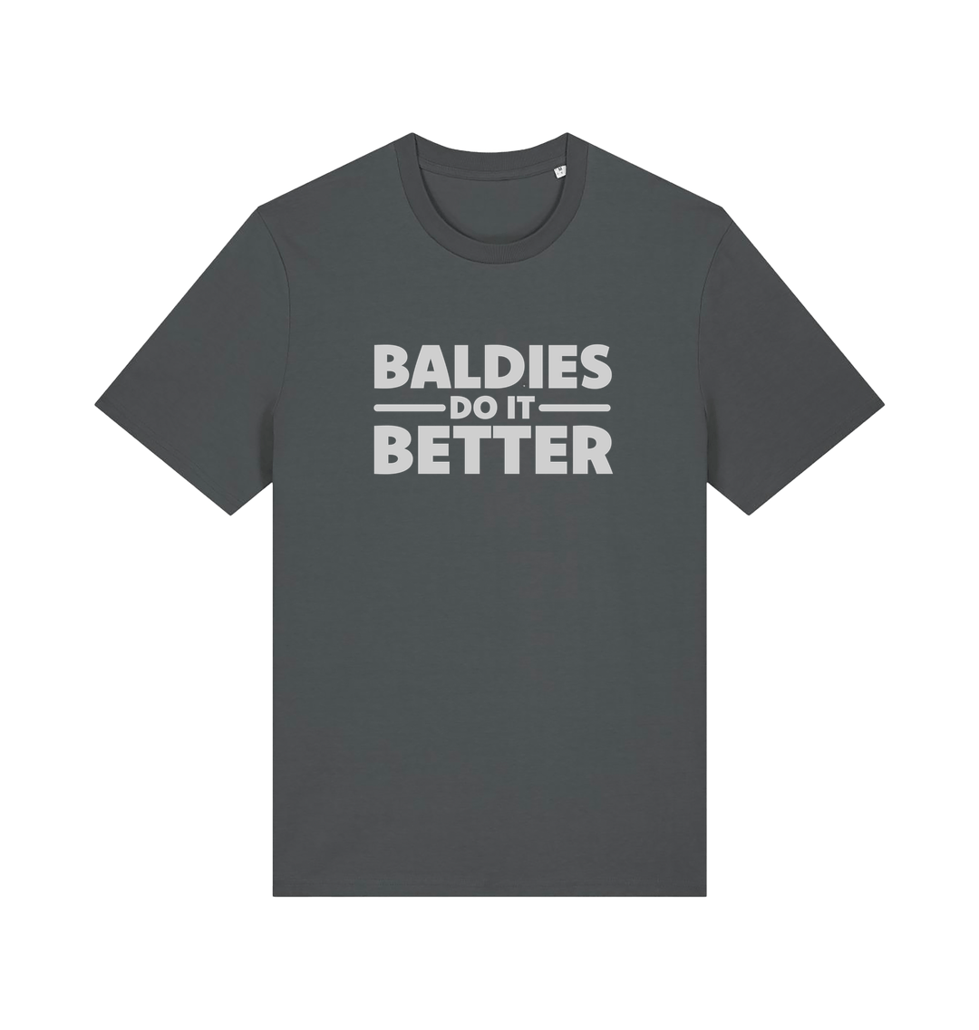 Gray slogan t-shirt with 'Baldies Do It Better' text 